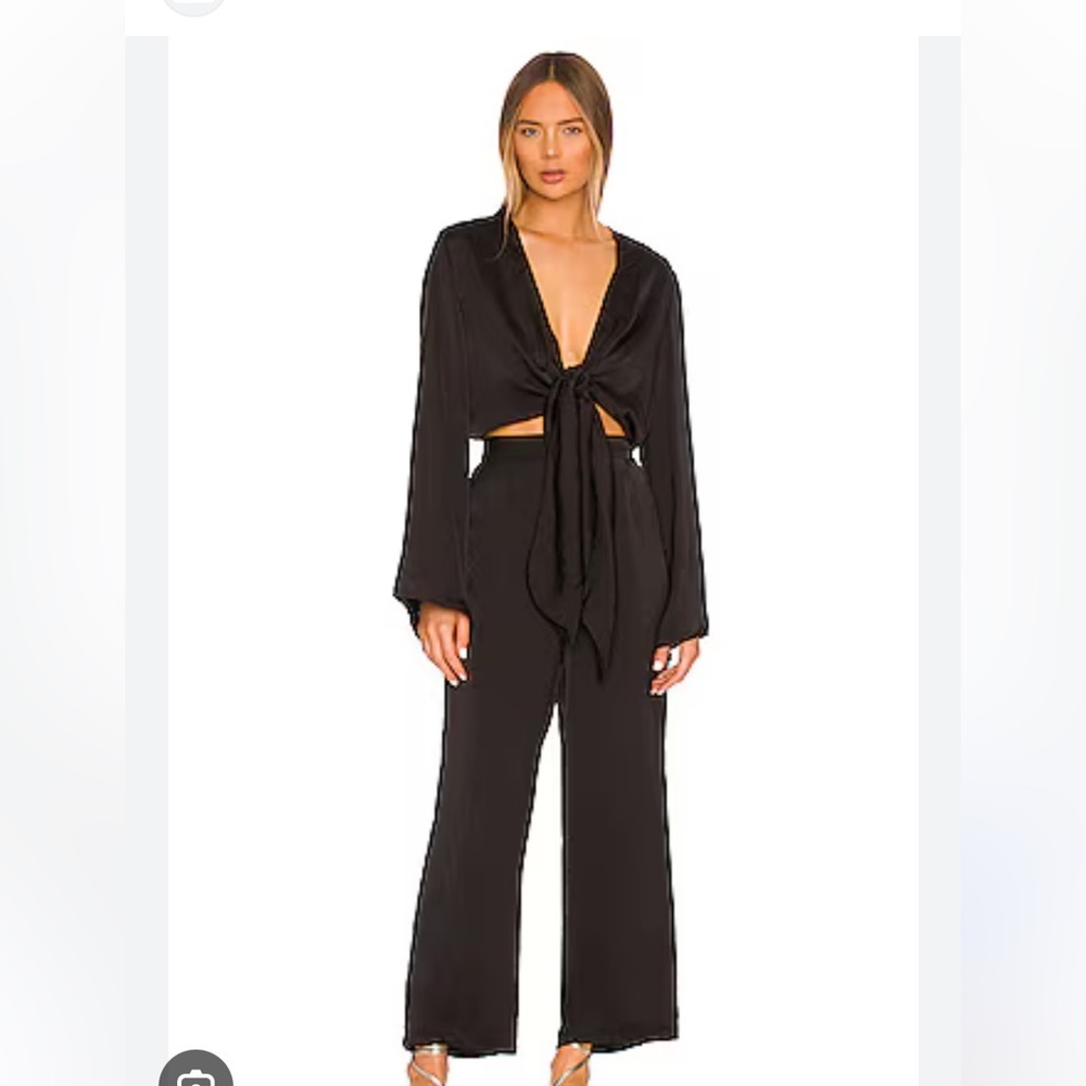 SNDYS x Revolve Pluto Tie Front Cut Out Jumpsuit in Black Sateen Size 6